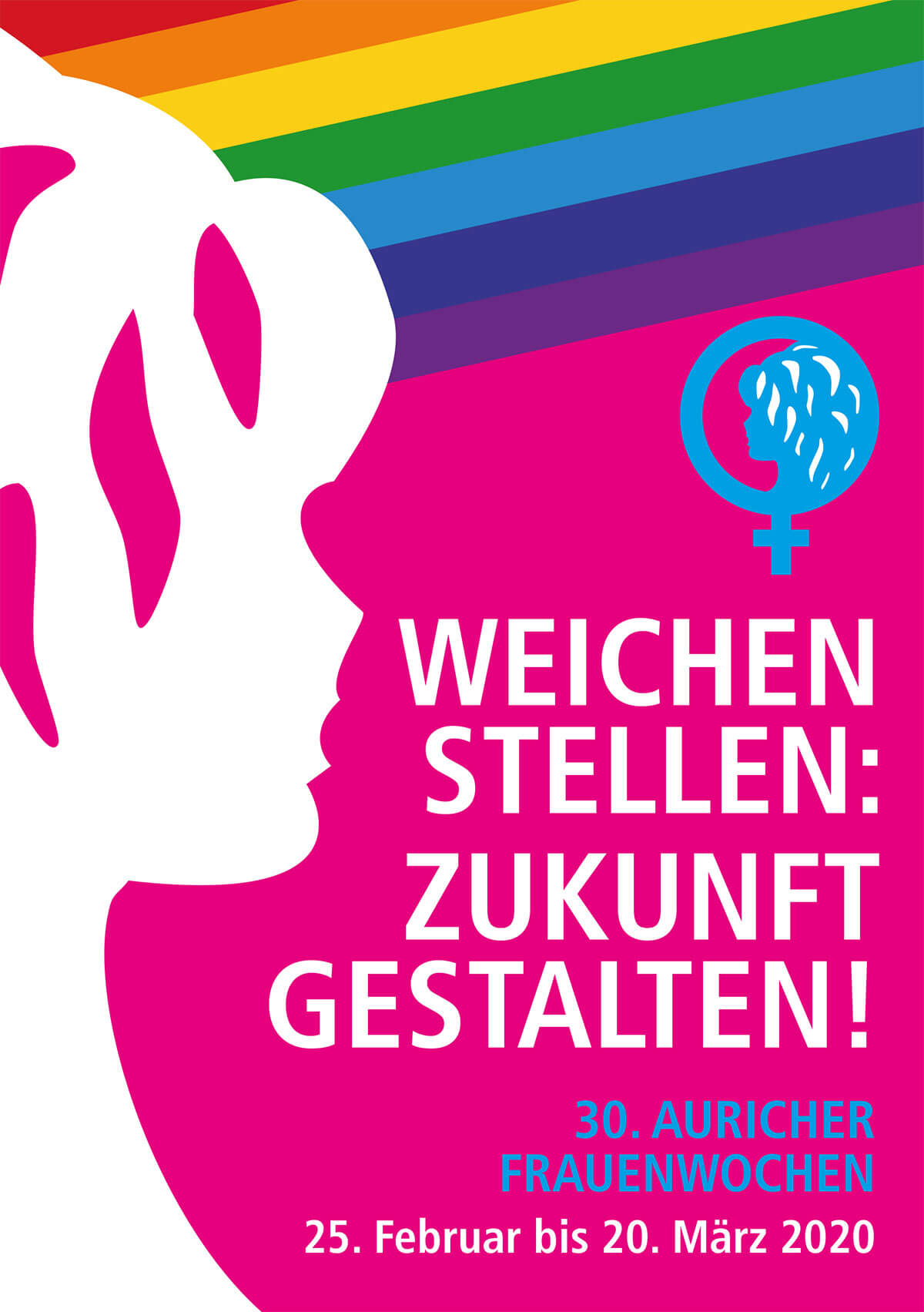 Vorderseite des Programmhefts 2020 - "Weichen stellen: Zukunft gestalten!" - 30. Auricher Frauenwochen vom 25.02.-20.03.2020