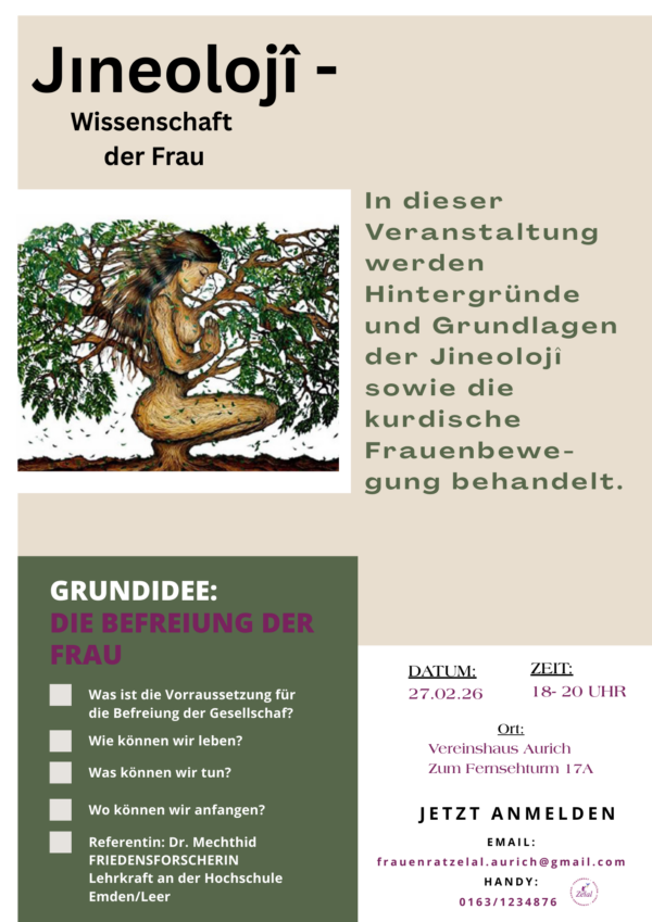Zeichnung einer Frau mit langem Haar, die in einem Baum sitzt, daneben Text zu einer Veranstaltung über Jineolojî, die Wissenschaft der Frau, mit Details zu Datum, Zeit, Ort und Anmeldung.